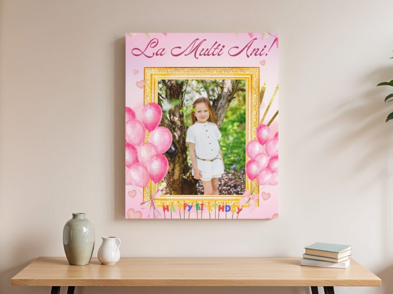 Tablou personalizat pentru aniversarea fetițelor, ideal pentru a oferi un cadou unic și emoționant. Personalizează cu fotografia preferată a micuței!