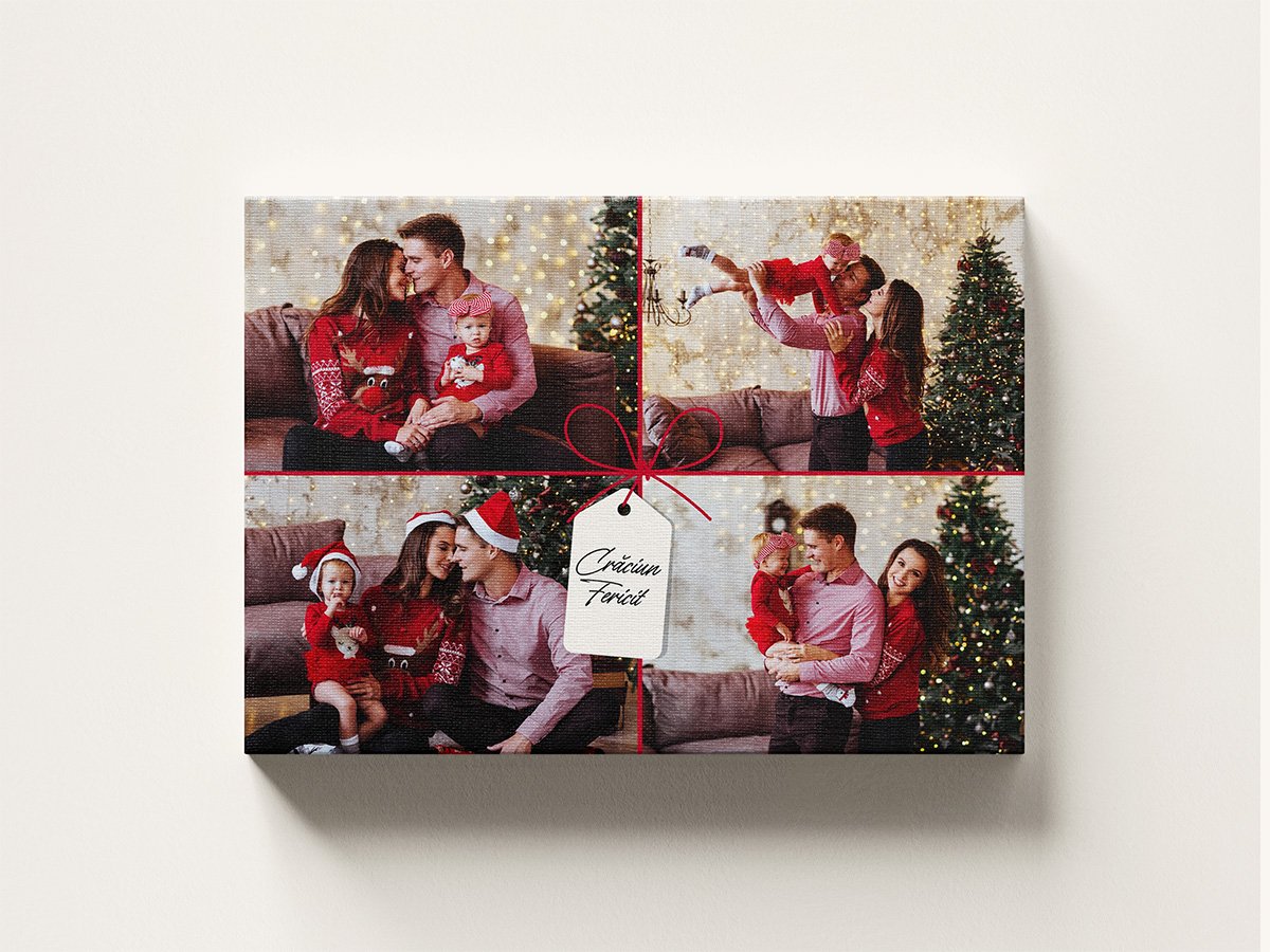 Tablou Canvas Colaj 4 Poze – Model “Cadou de Crăciun” cu Fundă Roșie, Orizontal Tablou Canvas Colaj 4 Poze - Model "Cadou de Crăciun" cu Fundă Roșie, Orizontal