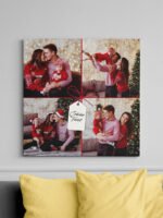 Tablou Canvas - Colaj 4 Poze - Model "Cadou de Crăciun" cu Fundă Roșie, Pătrat