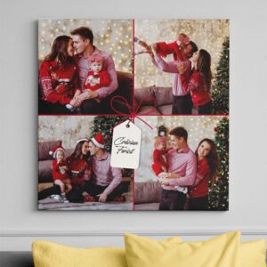 Tablou Canvas - Colaj 4 Poze - Model "Cadou de Crăciun" cu Fundă Roșie, Pătrat
