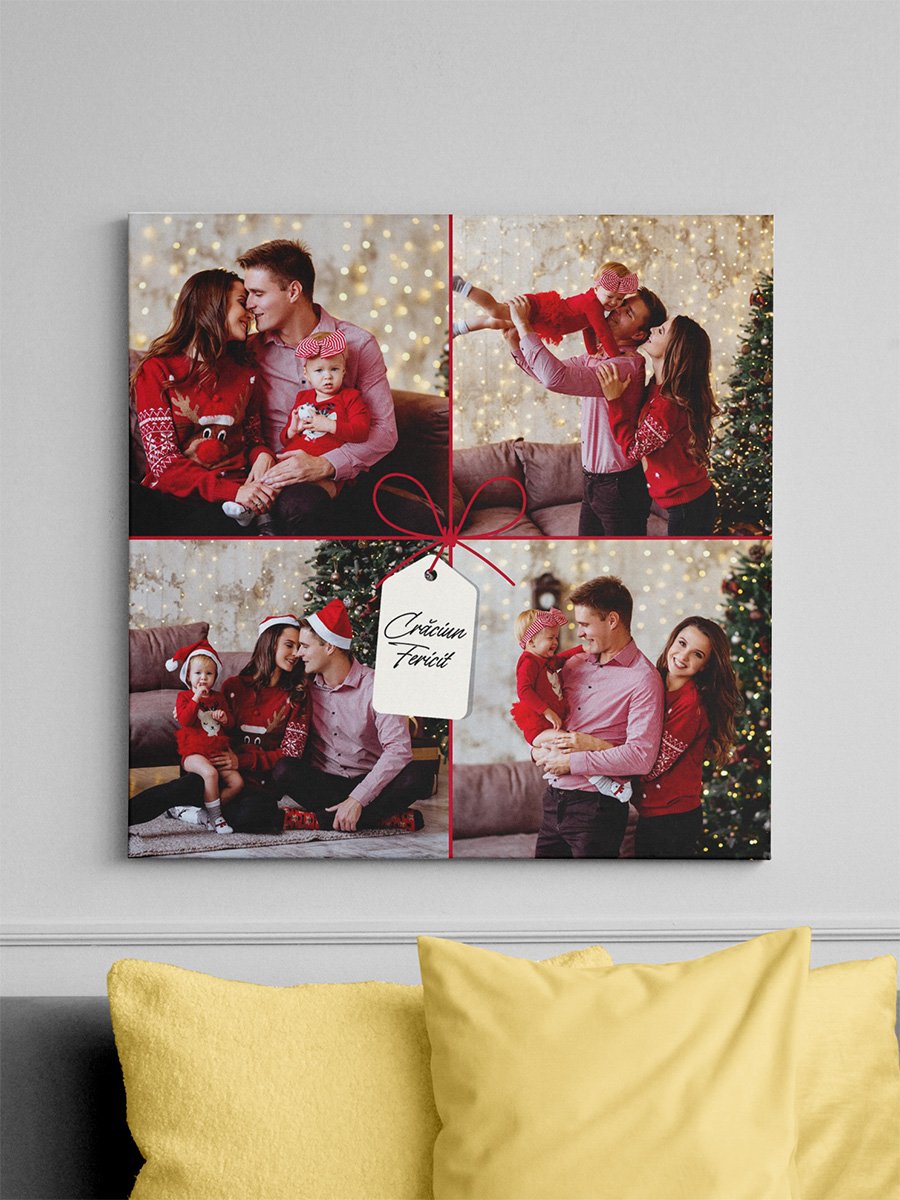 Tablou Canvas – Colaj 4 Poze – Model “Cadou de Crăciun” cu Fundă Roșie, Pătrat Tablou Canvas - Colaj 4 Poze - Model "Cadou de Crăciun" cu Fundă Roșie, Pătrat