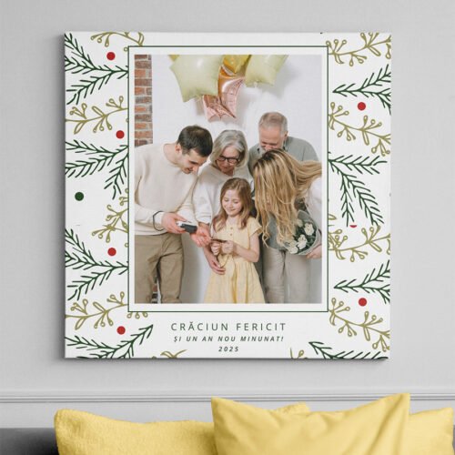 Tablou Canvas Personalizat “Crăciun Fericit” cu Motive Festive – O Poză, Pătrat Tablou Canvas Personalizat "Crăciun Fericit" cu Motive Festive – O Poză, Pătrat