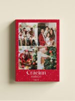 Tablou Canvas Vertical – Colaj Crăciun 4 Poze – Fundal Roșu "Fulgi de Nea" și Mesaj 2025