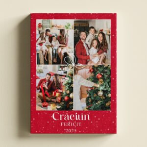Tablou Canvas Vertical – Colaj Crăciun 4 Poze – Fundal Roșu "Fulgi de Nea" și Mesaj 2025
