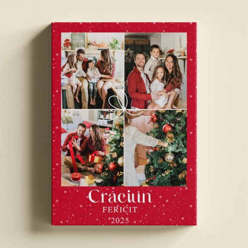 Tablou Canvas Vertical – Colaj Crăciun 4 Poze – Fundal Roșu “Fulgi de Nea” și Mesaj 2025 Tablou Canvas Vertical – Colaj Crăciun 4 Poze – Fundal Roșu "Fulgi de Nea" și Mesaj 2025