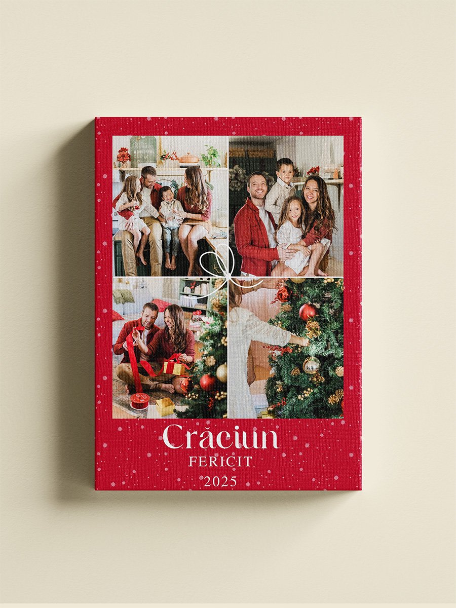 Tablou Canvas Vertical – Colaj Crăciun 4 Poze – Fundal Roșu “Fulgi de Nea” și Mesaj 2025 Tablou Canvas Vertical – Colaj Crăciun 4 Poze – Fundal Roșu "Fulgi de Nea" și Mesaj 2025