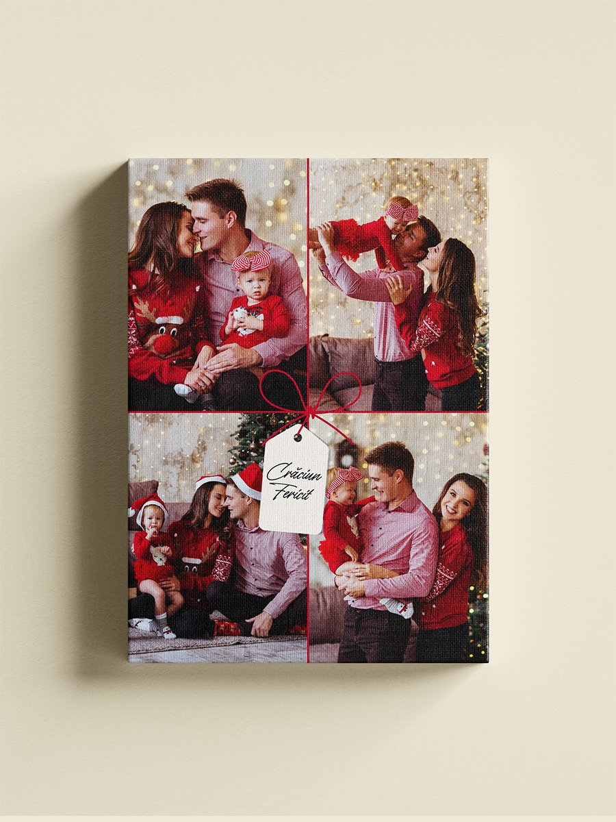 Tablou Canvas Colaj 4 Poze – Model “Cadou de Crăciun” cu Fundă Roșie, Vertical Tablou Canvas Colaj 4 Poze - Model "Cadou de Crăciun" cu Fundă Roșie, Vertical